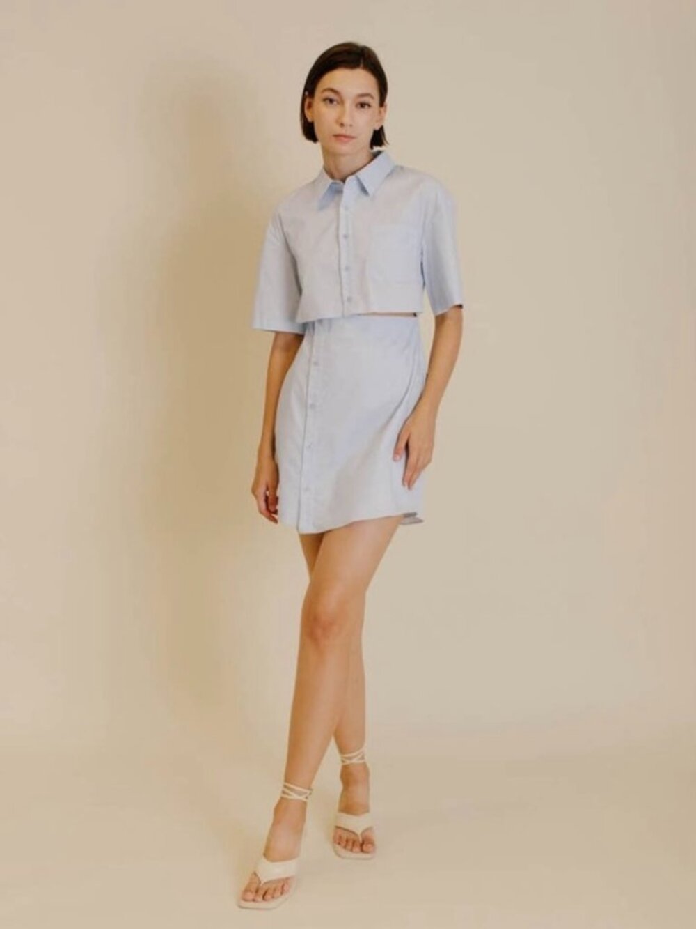 New Aureum The Label Blue Cotton Cutout Short Sleeve Mini Shirt Dress XS NWT